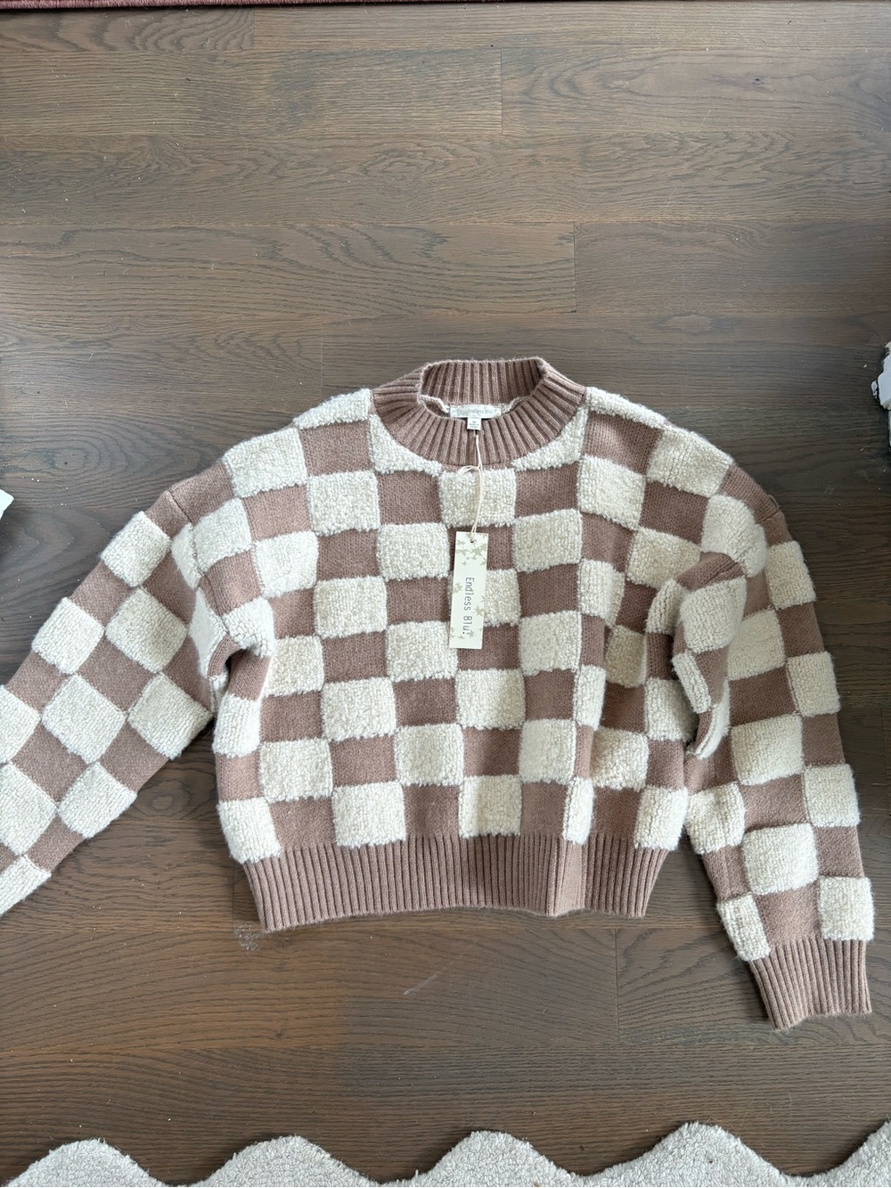 Checkerboard Crewneck Sweater in Cream and Tan